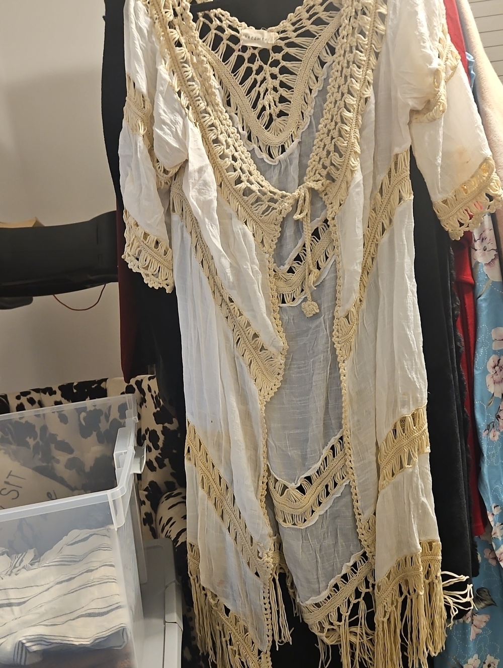 Dreamers Cream Crochet Fringe Sheer Kimono